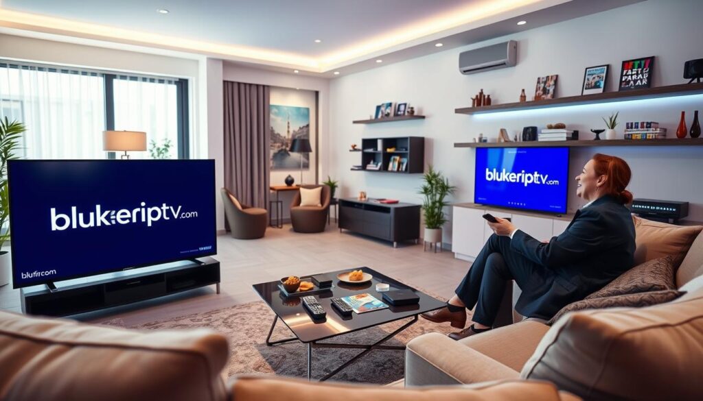 A modern living room setting showcasing a relaxing IPTV viewing experience, featuring a sleek flat-screen TV displaying the website "bluefireiptv.com" prominently. In the foreground, a comfortable sofa with two people in professional business attire, happily engaged in watching content. The middle ground includes a stylish coffee table with remote controls and snacks, adding a cozy touch. The background features a well-lit room with soft ambient lighting, large windows allowing natural light to filter through, and wall-mounted shelves displaying various media items. The overall mood is inviting and casual, portraying satisfaction and enjoyment in streaming services. Use a wide-angle lens to capture the fullness of the room and its comforting atmosphere. A modern living room setting showcasing a relaxing IPTV viewing experience, featuring a sleek flat-screen TV displaying the website "bluefireiptv.com" prominently. In the foreground, a comfortable sofa with two people in professional business attire, happily engaged in watching content. The middle ground includes a stylish coffee table with remote controls and snacks, adding a cozy touch. The background features a well-lit room with soft ambient lighting, large windows allowing natural light to filter through, and wall-mounted shelves displaying various media items. The overall mood is inviting and casual, portraying satisfaction and enjoyment in streaming services. Use a wide-angle lens to capture the fullness of the room and its comforting atmosphere.