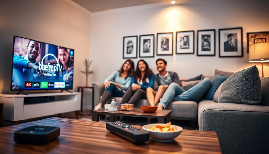 A modern living room setting showcasing a sleek 4K TV displaying streaming content. In the foreground, a stylish coffee table holds a remote control and snacks, with a subtle emphasis on a vibrant screen featuring a logo of "bluefireiptv.com." In the middle, a comfortable sofa with plush cushions invites relaxation, while a family of diverse individuals, dressed in smart casual attire, enjoys watching together. Soft, warm lighting creates an inviting atmosphere, enhancing the coziness of the room. In the background, a well-decorated wall with framed art complements the scene without detracting from the main focus. The overall mood is joyful and engaged, highlighting the shared experience of quality entertainment through trusted IPTV services.