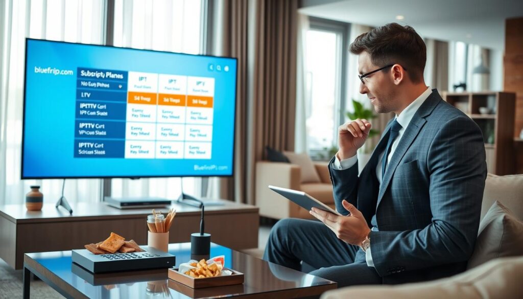 A modern living room setting, showcasing a sleek TV displaying various IPTV subscription plans on the screen. In the foreground, a professional individual dressed in business attire, thoughtfully reviewing the plans on a tablet, emphasizing the concept of subscription flexibility. The middle layer includes an elegant coffee table with tech gadgets, snacks, and a remote control, enhancing the homely atmosphere. The background features light streaming through large windows, illuminating a cozy environment with contemporary furniture. The mood is focused and optimistic, embodying trust and satisfaction in choosing IPTV services. Ensure the brand "bluefireiptv.com" is subtly integrated within the TV screen's interface, highlighting its relevance. Use soft lighting and a slightly elevated angle to capture the details and depth of the space.