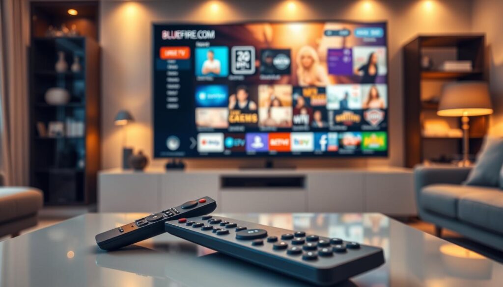 A modern living room setting showcasing an IPTV player interface from bluefireiptv.com on a large flat-screen TV. In the foreground, a sleek remote control rests on a stylish coffee table, emphasizing user engagement. The middle ground features the TV display filled with vibrant channel thumbnails and intuitive navigation graphics, illustrating the enhanced streaming experience. In the background, warm ambient lighting creates a cozy atmosphere, with contemporary decor that suggests comfort and relaxation. The scene is captured at eye level, focusing on the TV screen, with soft, diffused lighting to highlight the colors and features of the IPTV interface. The mood conveys a sense of enjoyment and convenience in home entertainment.