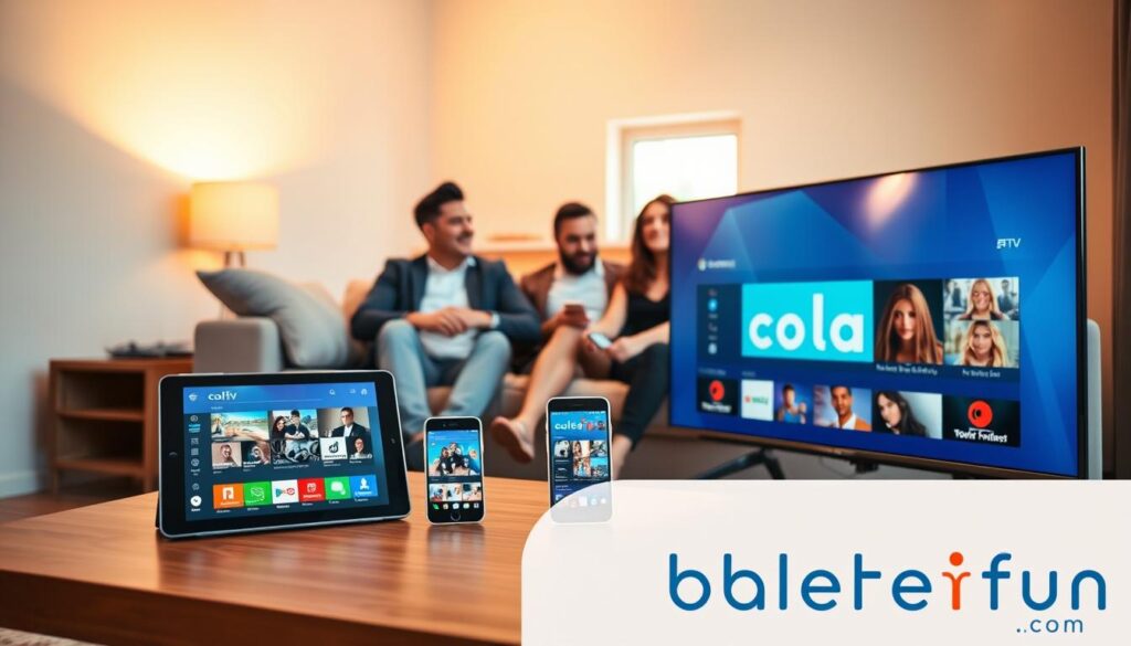A modern living room setting showcasing multi-device compatibility for Cola IPTV. In the foreground, a sleek smart TV displays the Cola IPTV interface, vibrant and user-friendly. To the left, a tablet on a coffee table features the same streaming service, while a smartphone rests nearby, mirroring its content seamlessly. In the middle ground, a comfortable couch is occupied by a diverse group of three professionals—two men and one woman—dressed in smart casual attire, engaged in enjoying their devices while discussing streaming options. In the background, warm ambient lighting fills the room, creating a welcoming atmosphere. Soft shadows and a slight lens flare from a nearby window add depth, enhancing the focus on the devices. The scene radiates an essence of technological advancement and ease of use. Showcase the brand “bluefireiptv.com” subtly in the design of the devices.