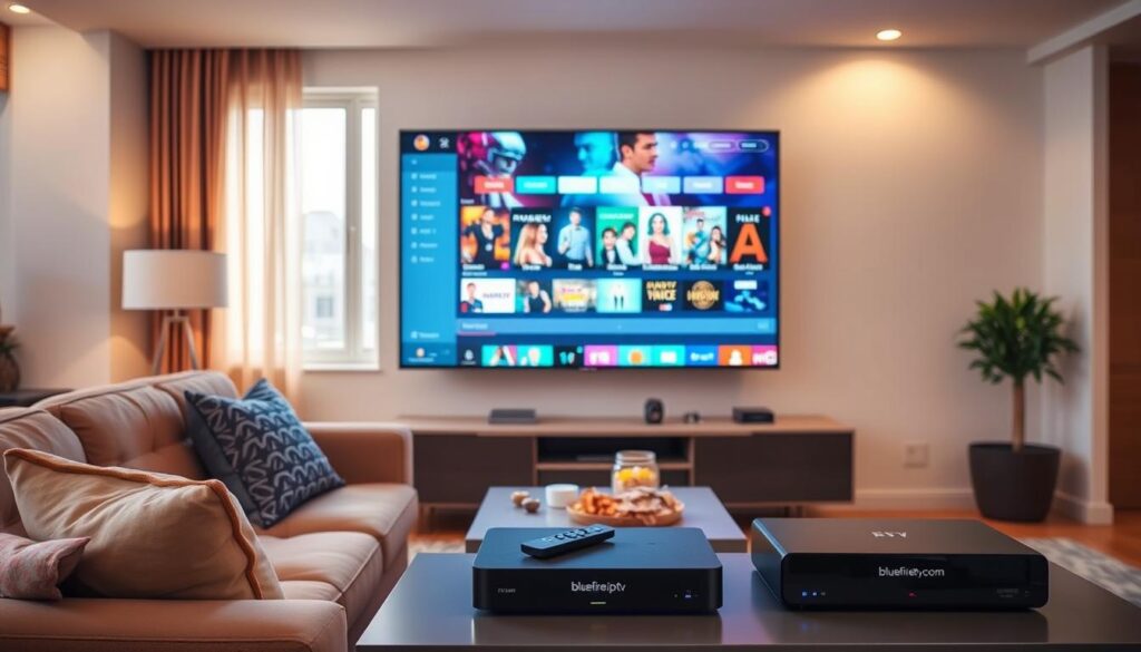 A modern living room setting showcasing the concept of IPTV services for entertainment. In the foreground, a sleek, large flat-screen TV displays a vibrant streaming interface with various movie and show thumbnails. A comfortable sofa sits in front of the TV, adorned with colorful cushions. The middle ground includes a stylish coffee table with a remote control and snacks, while a media console beneath the TV holds a streaming device, showcasing the logo "bluefireiptv.com". In the background, a window allows warm, natural light to flood the room, creating a cozy atmosphere. The overall mood is inviting, emphasizing relaxation and enjoyment in entertainment at home, without any people in the scene.