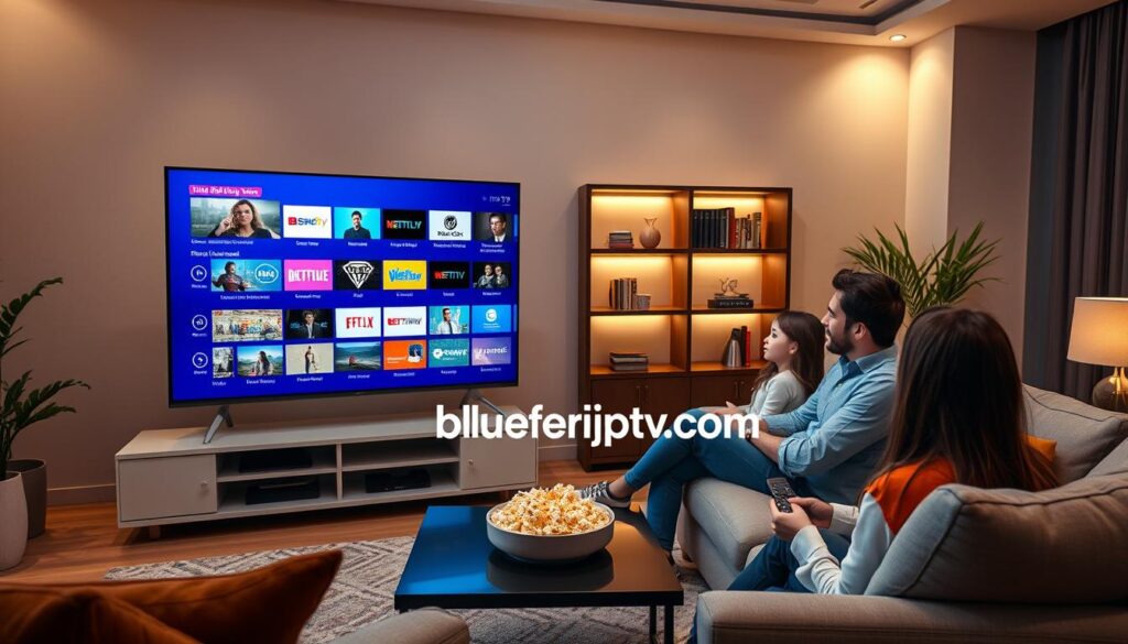 A modern living room setting showcasing the hn IPTV system in action. In the foreground, a sleek, stylish flat-screen TV displays a vibrant, high-definition streaming interface, filled with colorful thumbnails representing various channels and on-demand content. A comfortable sofa with plush cushions is placed nearby, where a family enjoys their viewing experience together, dressed in casual yet neat attire. In the middle ground, a coffee table holds a bowl of popcorn and remote controls, emphasizing a cozy movie night atmosphere. The background features soft, warm lighting that creates an inviting ambiance, complemented by elegant decor like a contemporary bookshelf and decorative plants. The overall mood conveys enjoyment and relaxation, highlighting the standout features of hn IPTV. Include the brand name "bluefireiptv.com" subtly integrated into the TV interface.