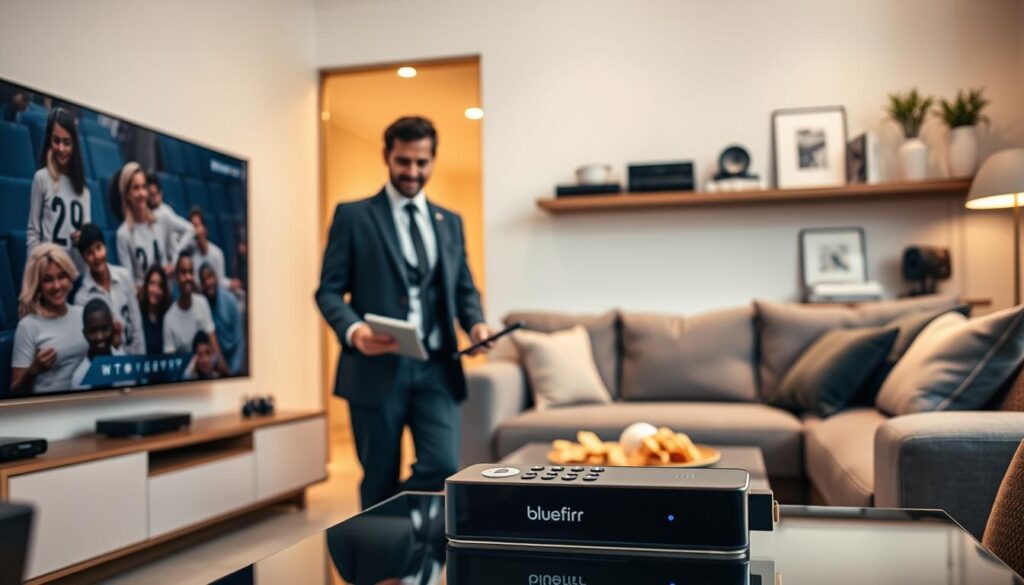 A modern living room setting showcasing various devices used for IPTV streaming, including a sleek smart TV, a tablet, and a streaming stick. In the foreground, a well-dressed person is setting up the streaming device, appearing focused and engaged. The middle ground features a cozy sofa with a stylish coffee table displaying a remote control and snacks. The background highlights a shelf with digital streaming equipment and decor. Soft, warm lighting creates an inviting atmosphere, emphasizing the seamless integration of technology in everyday life. A warm lens effect adds a touch of elegance. Subtly include the brand bluefireiptv.com in a device display without any text overlay. The overall mood is friendly and tech-savvy. A modern living room setting showcasing various devices used for IPTV streaming, including a sleek smart TV, a tablet, and a streaming stick. In the foreground, a well-dressed person is setting up the streaming device, appearing focused and engaged. The middle ground features a cozy sofa with a stylish coffee table displaying a remote control and snacks. The background highlights a shelf with digital streaming equipment and decor. Soft, warm lighting creates an inviting atmosphere, emphasizing the seamless integration of technology in everyday life. A warm lens effect adds a touch of elegance. Subtly include the brand bluefireiptv.com in a device display without any text overlay. The overall mood is friendly and tech-savvy.