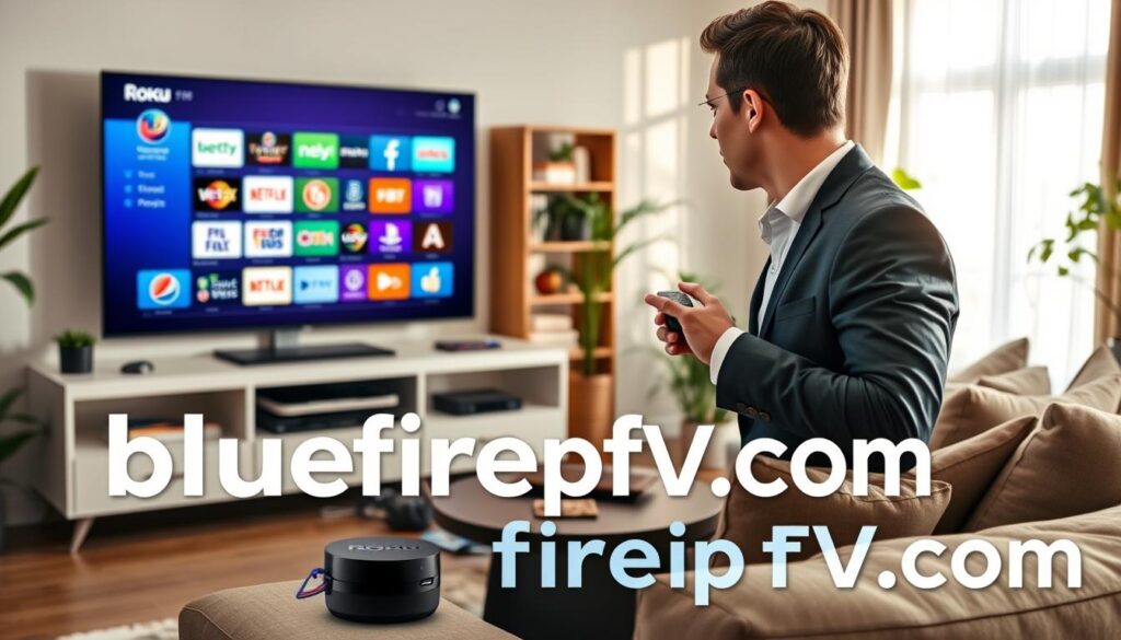 A modern living room setup featuring a Roku device prominently displayed on a sleek entertainment unit. In the foreground, a person in professional attire, reflecting a suited-up tech enthusiast, is holding a remote control, looking intently at the Roku screen filled with vibrant IPTV channel logos. The middle ground showcases a cozy couch with a few tech gadgets and snacks, creating a warm, inviting atmosphere. The background includes a bright window with natural light cascading in, complemented by well-placed indoor plants, enhancing the tech-savvy home environment. The overall mood is informative and engaging, with an emphasis on the clarity of setup. The brand name "bluefireiptv.com" is subtly integrated into the layout but not overly prominent, ensuring focus remains on the IPTV setup.