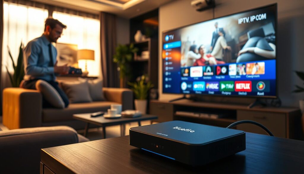 A modern living room setup featuring a person in professional attire, attentively setting up a streaming device connected to a large flat-screen TV displaying an IPTV interface. In the foreground, a sleek streaming device with the logo "bluefireiptv.com" is placed on a stylish media console. The middle layer includes a comfortable couch adorned with throw pillows and a small coffee table with a remote control and snacks. In the background, warm ambient lighting creates a cozy and inviting atmosphere, with decorative elements like houseplants and artwork. The angle captures the focus on the streaming device and the user's engagement, emphasizing a seamless experience for IPTV access.