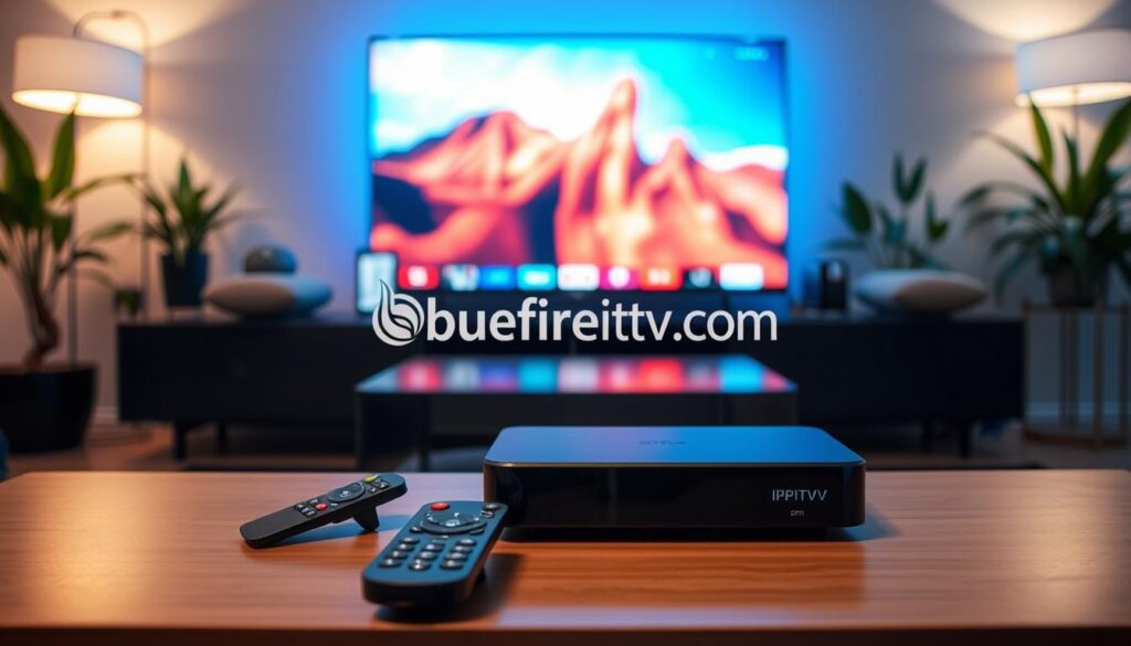 A modern living room setup featuring a sleek Marinios IPTV device prominently displayed on a stylish entertainment unit. In the foreground, a remote control is placed next to the device, showcasing user-friendly buttons. The middle ground includes a large flat-screen TV, displaying vibrant streaming content. In the background, soft ambient lighting creates a cozy atmosphere, with a sofa and decorative plants framing the scene. The image captures a sense of accessibility and modern technology, emphasizing the ease of setup for various devices such as smart TVs, tablets, and smartphones. The setting is inviting and well-organized, reflecting a smart home environment, seamlessly integrating tech into daily life. The brand "bluefireiptv.com" is subtly integrated within the design elements of the room.