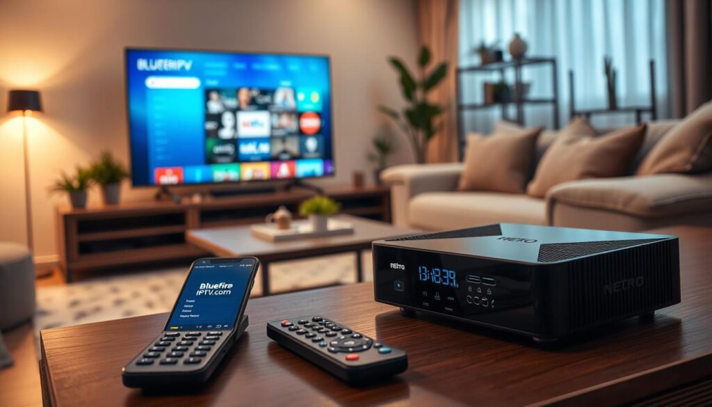 A modern living room setup featuring a sleek Necro IPTV device prominently placed on a stylish media console. In the foreground, a remote control lies nearby, with a smartphone displaying the bluefireiptv.com interface. In the middle, a large flat-screen TV shows a vibrant, colorful streaming interface with various channel options. Soft, ambient lighting enhances the cozy atmosphere, creating a welcoming feel. The background features a plush sofa with cushions and a few potted plants, contributing to a contemporary home aesthetic. The scene is captured from a slight angle, giving depth to the composition while focusing on the tech elements. The overall mood is inviting and tech-savvy, showcasing the compatibility and setup process for the Necro IPTV device.