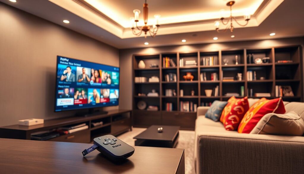 A modern living room setup featuring a sleek Roku streaming device prominently placed on a stylish entertainment unit. In the foreground, a flat-screen TV displays vibrant IPTV channels showcasing various entertainment options. The middle ground includes a comfortable sofa adorned with colorful cushions, inviting viewers to relax and enjoy. The background features a neatly arranged bookshelf filled with books and decorative items, all under soft, warm lighting from elegant overhead fixtures. The atmosphere conveys a sense of comfort and excitement about streaming opportunities. Incorporate branding elements of "bluefireiptv.com" subtly in the design, ensuring the focus remains on the streaming experience. Use a wide-angle perspective to create depth, showcasing both the coziness of the living space and the high-tech aspect of streaming services.