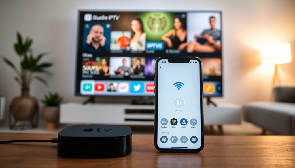 A modern living room setup is depicted as the foreground, featuring an Apple TV streaming device connected to a large, sleek flat-screen television displaying diverse IPTV content. In the middle ground, a stylish iPhone showing the user interface of the bluefireiptv.com app is presented prominently, with AirPlay connectivity symbols clearly visible. Soft ambient lighting illuminates the space, casting a warm glow that creates a cozy atmosphere. The background features minimalist decor, including potted plants and a comfortable couch. The angle is slightly elevated, showcasing both the device and the screen while maintaining focus on the seamless streaming experience. The overall mood is inviting and tech-savvy, encapsulating the essence of easy, modern entertainment across Apple devices. A modern living room setup is depicted as the foreground, featuring an Apple TV streaming device connected to a large, sleek flat-screen television displaying diverse IPTV content. In the middle ground, a stylish iPhone showing the user interface of the bluefireiptv.com app is presented prominently, with AirPlay connectivity symbols clearly visible. Soft ambient lighting illuminates the space, casting a warm glow that creates a cozy atmosphere. The background features minimalist decor, including potted plants and a comfortable couch. The angle is slightly elevated, showcasing both the device and the screen while maintaining focus on the seamless streaming experience. The overall mood is inviting and tech-savvy, encapsulating the essence of easy, modern entertainment across Apple devices.