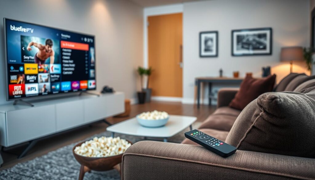 A modern living room setup showcasing an ideal IPTV user experience. In the foreground, a sleek smart TV displays a vibrant array of streaming options from bluefireiptv.com, reflecting the ultimate choice in content variety. To the right, a comfortable couch is upholstered in a rich texture, with a remote control resting casually on the armrest, symbolizing user convenience. The middle ground features a stylish coffee table with a bowl of popcorn, creating a relatable atmosphere for cozy viewing. The background reveals subtle home decor elements, such as framed artwork and soft lighting, enhancing a warm, inviting mood. The scene is illuminated by soft, ambient lighting, conveying a relaxed, enjoyable vibe for viewers embracing their IPTV journey. A modern living room setup showcasing an ideal IPTV user experience. In the foreground, a sleek smart TV displays a vibrant array of streaming options from bluefireiptv.com, reflecting the ultimate choice in content variety. To the right, a comfortable couch is upholstered in a rich texture, with a remote control resting casually on the armrest, symbolizing user convenience. The middle ground features a stylish coffee table with a bowl of popcorn, creating a relatable atmosphere for cozy viewing. The background reveals subtle home decor elements, such as framed artwork and soft lighting, enhancing a warm, inviting mood. The scene is illuminated by soft, ambient lighting, conveying a relaxed, enjoyable vibe for viewers embracing their IPTV journey.