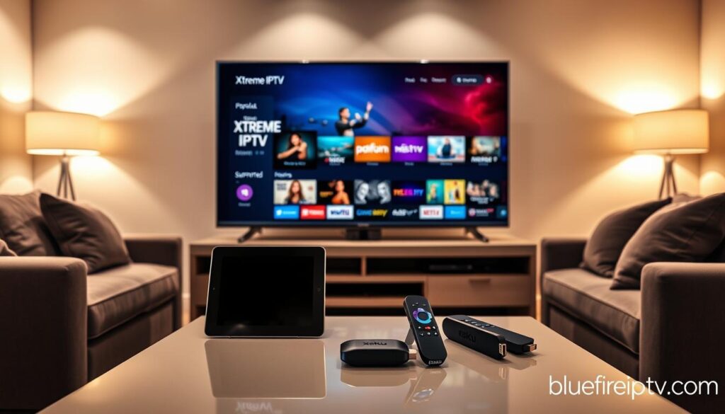 A modern living room setup showcasing various supported devices for Xtreme IPTV. In the foreground, a sleek flat-screen TV displays an elegant interface of the Xtreme IPTV app, showcasing vibrant thumbnails of popular streaming content. On a stylish coffee table, a tablet, smartphone, and streaming device (like a Roku or Amazon Fire Stick) elegantly align. In the middle, a comfortable couch adorned with plush cushions invites viewers to sit down and enjoy. The background features a well-lit room with warm ambient lighting, creating a cozy atmosphere. Soft shadows and reflections on the furniture enhance depth. The overall mood is inviting and high-tech, emphasizing the ease of use and modernity of Xtreme IPTV. Include a subtle watermark in the corner with "bluefireiptv.com".
