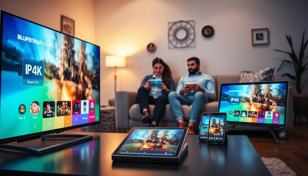 A modern living room showcasing a diverse array of devices compatible with IPTV services. In the foreground, a sleek 4K smart TV displays a vibrant IPTV interface, while a tablet and smartphone rest on a stylish coffee table, streaming the same content. The middle ground features a cozy couch with a couple of people, dressed in casual, business-like attire, engaged with their devices, demonstrating multi-screen streaming. The background is softly lit with warm ambient lighting, enhancing a relaxed atmosphere, while wall-mounted decor hints at technological innovation. A subtle indication of the brand "bluefireiptv.com" appears on the screen of one device, emphasizing its integral role in the device compatibility theme. The composition should be framed as if shot with a 35mm lens from a slightly elevated angle, providing an inviting view of the scene.