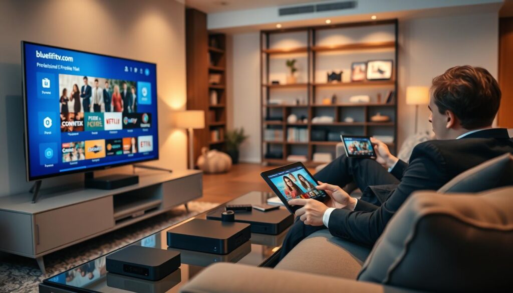 A modern living room showcasing a professional streaming experience with IPTV. In the foreground, a sleek smart TV displays the interface of bluefireiptv.com, highlighting a variety of channels and content options. A comfortable sofa adorned with stylish cushions sets a cozy mood, while a user in professional attire sits comfortably, holding a tablet showing the same IPTV content. In the middle, a coffee table features smart devices like a streaming box and a remote control, reflecting high-tech functionality. Soft ambient lighting fills the room, creating a warm atmosphere, while the background reveals a shelf filled with gadgets and books. The angle captures an inviting, tech-savvy environment ideal for enjoying IPTV anywhere.