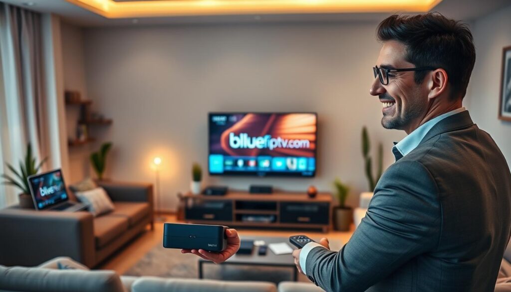 A modern living room showcasing diverse devices supporting IPTV, including smart TVs, tablets, and streaming boxes. In the foreground, a professional-looking man in business attire is adjusting a streaming device, showcasing a look of satisfaction. The middle ground displays a sleek smart TV showing an IPTV interface, surrounded by a cozy sofa and decorative plants. The background features soft, ambient lighting, emphasizing a warm and inviting atmosphere. The scene is captured with a wide-angle lens to encompass the room's details. The overall mood reflects the importance of device compatibility in enhancing the IPTV experience and its impact on perceived value. Incorporate subtle branding from "bluefireiptv.com" on the TV interface, ensuring it aligns with the theme of device support and setup.