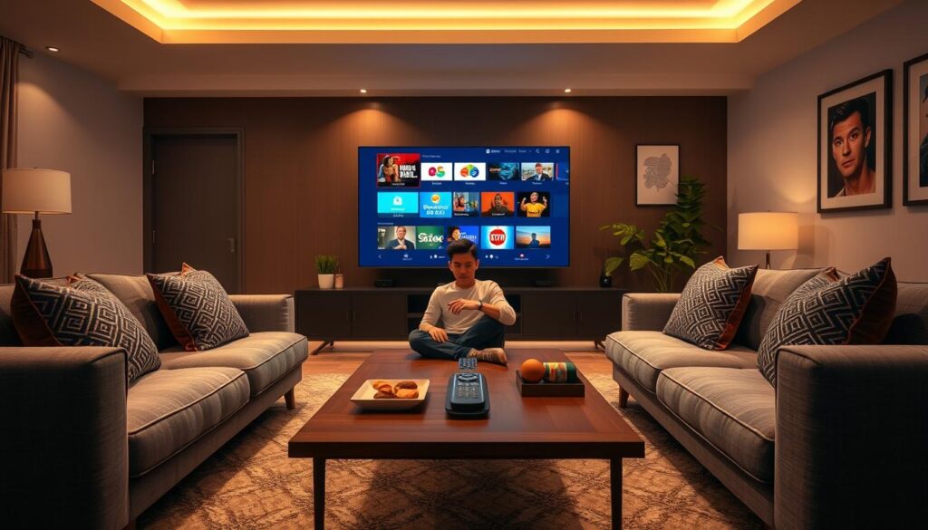 A modern living room showcasing the IPTV Stream Plus streaming experience, with a large flat-screen TV displaying vibrant content, surrounded by a cozy setup of a plush couch and decorative pillows. In the foreground, a stylish coffee table holds a remote and some snacks, inviting viewers to relax and enjoy. The middle ground features a person in modest casual attire, sitting comfortably and engrossed in the streaming content, conveying enjoyment and engagement. The background includes soft ambient lighting that creates a warm and inviting atmosphere, with subtle hints of modern decor like plants and framed artwork. Capture this scene using a wide-angle lens for a spacious feel, ensuring rich colors and clarity, highlighting the innovative vibe of "bluefireiptv.com" as the ultimate choice for entertainment in 2026.