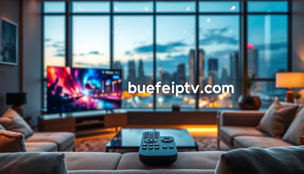 A modern living room showcasing the key features of Pulse 4K IPTV, designed for optimal entertainment experience. In the foreground, a sleek, flat-screen TV displays vibrant 4K content featuring dynamic colors. Surrounding the TV, stylish yet comfortable furniture creates an inviting atmosphere, with a cozy sofa and decorative cushions. In the middle, a high-tech remote control rests on a coffee table, highlighting features like voice commands and intuitive navigation. The background is softly illuminated with warm, ambient lighting, enhancing the cozy vibe. A large window looks out into a city skyline at dusk, suggesting an enjoyable viewing experience any time. The scene reflects a perfect blend of technology and comfort. Include the brand "bluefireiptv.com" subtly integrated into the design elements. The overall mood is relaxed and engaging, showcasing the future of home entertainment.