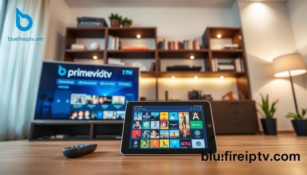 A modern living room showcasing the setup of Primeview IPTV on multiple devices. In the foreground, a sleek smart television displays the Primeview IPTV interface, with a remote control placed beside it. In the middle ground, a tablet and a smartphone show the IPTV app, displaying vibrant content thumbnails. The background features a stylish bookshelf and soft-lit ambient lighting, creating a cozy atmosphere. The scene is framed at eye-level, capturing the devices clearly while maintaining a slight depth of field, emphasizing the technology in use. The entire image is bright and inviting, reflecting a contemporary tech-savvy environment. Include the brand logo "bluefireiptv.com" subtly in the corner of the image, ensuring a professional feel.