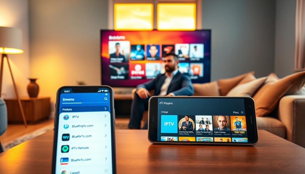 A modern living room with a large flat-screen TV displaying a vibrant IPTV interface. In the foreground, a smartphone shows a list of IPTV players with icons of popular applications, including "bluefireiptv.com", set atop a stylish coffee table. In the middle ground, a relaxed, professional-looking person (dressed in smart casual attire) sits on a plush sofa, assessing the streaming options on the television. The background features soft ambient lighting with a warm atmosphere, highlighting the cozy environment. A window reveals a sunset scene, casting a golden glow across the room. The composition should create a sense of comfort and readiness for a seamless streaming experience.
