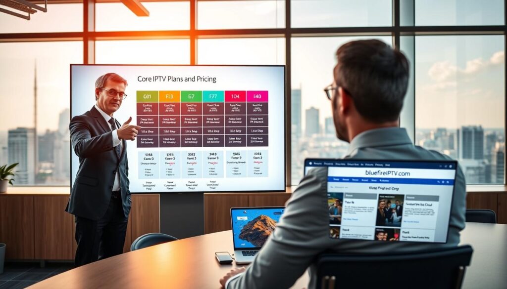 A modern office setting highlighting "Core IPTV Plans and Pricing" on a sleek digital screen. In the foreground, a professional-looking man in business attire is pointing at a visually appealing infographic detailing various subscription tiers with icons representing features like channels, streaming quality, and pricing. In the middle ground, a contemporary desk with a laptop open to the bluefireiptv.com website displays interactive content related to IPTV plans. The background features a large window showing a cityscape, bathed in warm afternoon sunlight, creating a vibrant and inviting atmosphere. The image conveys a sense of clarity and professionalism, ideal for understanding IPTV subscription options.