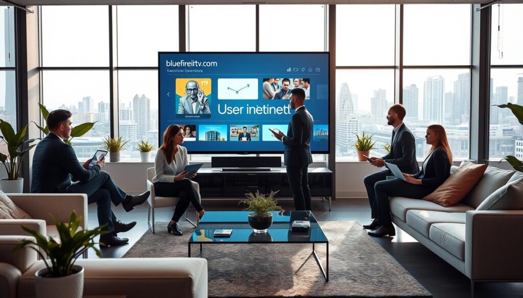 A modern office workspace focused on IPTV services, showcasing a large digital screen displaying streaming options and user interface designs. In the foreground, a diverse group of three professionals in business attire thoughtfully analyzing user intent data on tablets and laptops, deep in discussion. The middle ground features sleek furniture, with a stylish rug and potted plants adding a touch of warmth. The background includes floor-to-ceiling windows with a city skyline, illuminated by soft morning light that enhances a collaborative atmosphere. The overall mood is engaging and informative, capturing the essence of user research in the IPTV industry. Incorporate subtle branding with "bluefireiptv.com" on the screen, ensuring a balanced and professional composition.