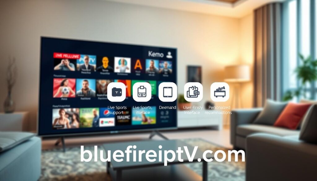 A modern, sleek digital interface showcasing the features of Kemo IPTV. In the foreground, display a stylized smart TV screen showing a vibrant array of streaming content options like movies, live sports, and on-demand shows. In the middle, incorporate icons representing various features such as multi-device support, user-friendly interface, and personalized recommendations, all with a polished design. In the background, a blurred living room setting with soft, warm lighting emphasizes a comfortable and inviting atmosphere. Use a high-resolution close-up angle that highlights the details of the TV screen while maintaining a professional vibe. Ensure that the brand name "bluefireiptv.com" is subtly integrated into the design. The overall mood should be modern, engaging, and trustworthy.