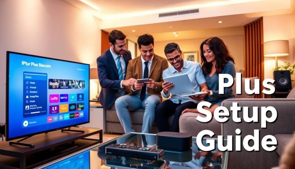 A modern, sleek home setup showcasing the "IPTV Stream Plus Setup Guide." In the foreground, a stylish flat-screen TV displays the IPTV Stream Plus interface, with a remote control on a glass coffee table. The middle ground features a diverse group of three people—two men and one woman—dressed in professional business attire, intently examining the setup guide on a tablet. They are surrounded by various streaming devices like a streaming box, gaming console, and smart speaker. In the background, a cozy living room with soft ambient lighting creates a warm, inviting atmosphere, emphasizing a sense of community and enjoyment. The colors are vibrant yet balanced, capturing the essence of modern technology with a friendly touch. The brand, "bluefireiptv.com," subtly integrated into the design aesthetic without any text overlays.