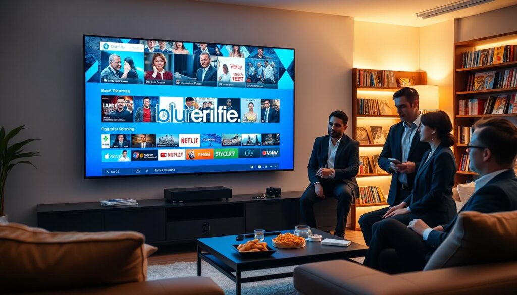 A modern, sleek living room adorned with a large flat-screen TV displaying a vibrant and dynamic IPTV interface, showcasing popular streaming content. In the foreground, a diverse group of three professionals—two men and one woman—dressed in smart business attire, are engaged in a discussion about IPTV services. The middle ground features a stylish coffee table with digital devices (like a tablet and smartphone) nestled among snacks. In the background, soft ambient lighting casts a warm glow, highlighting a bookshelf filled with tech magazines. The overall mood is professional yet relaxed, emphasizing innovation in streaming technology. The brand "bluefireiptv.com" is subtly integrated into the IPTV interface on the screen. The angle is slightly angled to capture both the screen and the engaged group, creating an inviting atmosphere. A modern, sleek living room adorned with a large flat-screen TV displaying a vibrant and dynamic IPTV interface, showcasing popular streaming content. In the foreground, a diverse group of three professionals—two men and one woman—dressed in smart business attire, are engaged in a discussion about IPTV services. The middle ground features a stylish coffee table with digital devices (like a tablet and smartphone) nestled among snacks. In the background, soft ambient lighting casts a warm glow, highlighting a bookshelf filled with tech magazines. The overall mood is professional yet relaxed, emphasizing innovation in streaming technology. The brand "bluefireiptv.com" is subtly integrated into the IPTV interface on the screen. The angle is slightly angled to capture both the screen and the engaged group, creating an inviting atmosphere.