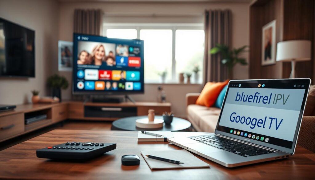 A modern, sleek living room setting featuring a large flat-screen TV displaying an IPTV player interface, showcasing various features. In the foreground, a stylish coffee table holds a remote control, a notepad, and a laptop open to "bluefireiptv.com". In the middle, a cozy couch with vibrant cushions invites viewers to relax while enjoying IPTV content. In the background, a window allows soft natural light to filter in, enhancing the warm atmosphere. The color palette is inviting, with a blend of earth tones and pops of color from decorative items. The angle is slightly tilted to give depth, creating an engaging and lively environment, highlighting the appeal of using the top recommended IPTV players for Google TV.
