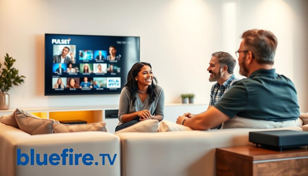 A modern, sleek living room with a comfortable couch and a large TV screen displaying streaming options, symbolizing the concept of IPTV service subscription. In the foreground, a diverse group of three individuals—one person of Asian descent, one Black woman, and one Caucasian man—are engaged in a lively discussion, showcasing their excitement about watching different channels together. The background should feature bright, warm lighting to create an inviting atmosphere, with soft shadows enhancing the cozy feel of the space. Include subtle hints of technology, like a streaming device on a stylish media console. The overall mood should be positive and engaging, highlighting the benefits of choosing an IPTV service subscription. The brand name “bluefireiptv.com” is artistically integrated into the scene.