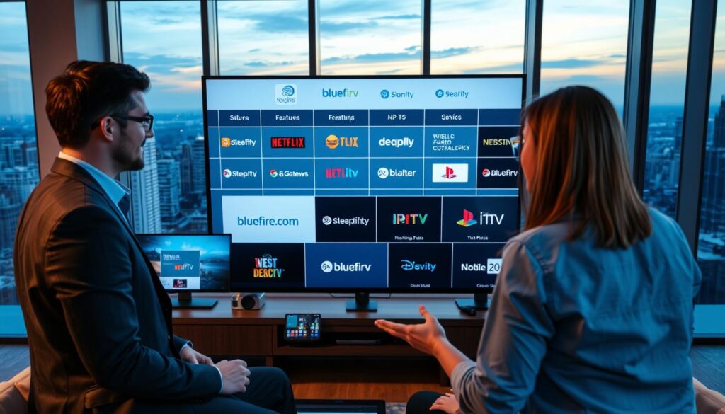 A modern, sleek office environment with a large digital screen displaying a comparison chart of IPTV legal providers in 2026. In the foreground, two professionals in business attire, a man and a woman, are engaged in an animated discussion, surrounded by various digital devices showing streaming interfaces. The middle layer features multiple screens displaying logos and features of different IPTV providers, including "bluefireiptv.com," arranged in a visually appealing layout. The background boasts a panoramic cityscape through large windows, illuminated by soft, warm lighting suggesting a late afternoon ambience. The mood is focused and collaborative, reflecting the future of safe streaming options and the importance of informed decisions. A modern, sleek office environment with a large digital screen displaying a comparison chart of IPTV legal providers in 2026. In the foreground, two professionals in business attire, a man and a woman, are engaged in an animated discussion, surrounded by various digital devices showing streaming interfaces. The middle layer features multiple screens displaying logos and features of different IPTV providers, including "bluefireiptv.com," arranged in a visually appealing layout. The background boasts a panoramic cityscape through large windows, illuminated by soft, warm lighting suggesting a late afternoon ambience. The mood is focused and collaborative, reflecting the future of safe streaming options and the importance of informed decisions.
