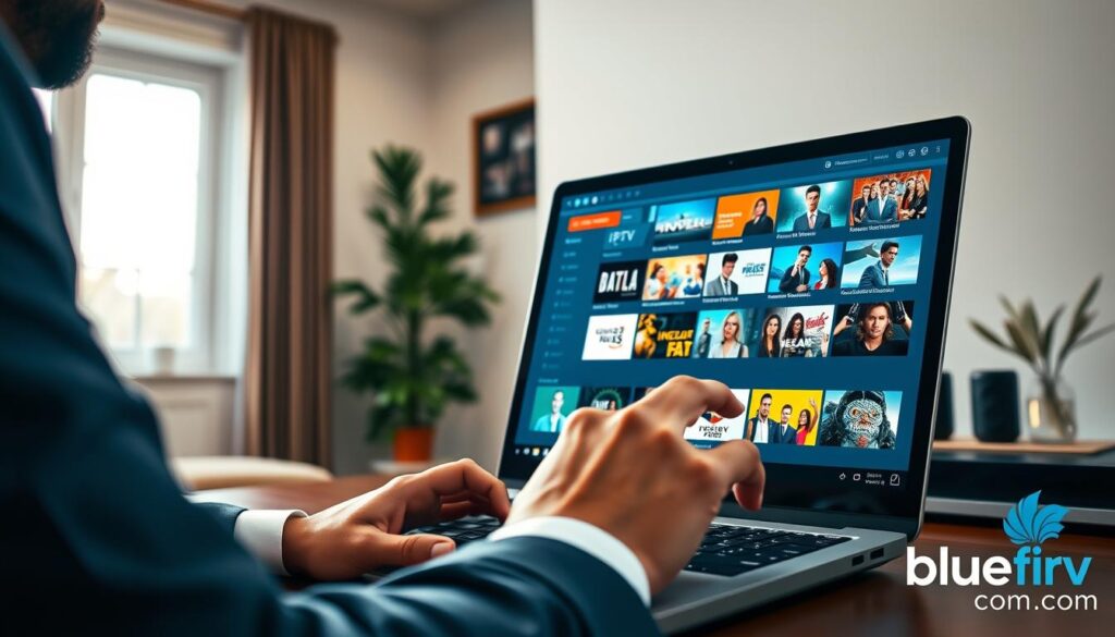 A modern, sleek representation of an IPTV Windows Player interface, featuring a high-resolution display showcasing vivid streaming content options. In the foreground, a user interacts with the software on a laptop, dressed in professional business attire, exuding focus and engagement. The middle layer includes the user’s hand reaching toward a mouse, clicking on vibrant program thumbnails. The background is composed of a cozy, well-lit home office with soft overhead lighting, where subtle reflections from a nearby window create a warm atmosphere. A decorative touch includes tech-related items on the desk. The overall mood conveys a sense of modern technology and accessibility while emphasizing clarity and user intent. Render brand elements subtly incorporating the logo of bluefireiptv.com, ensuring a professional presentation without any text overlays.