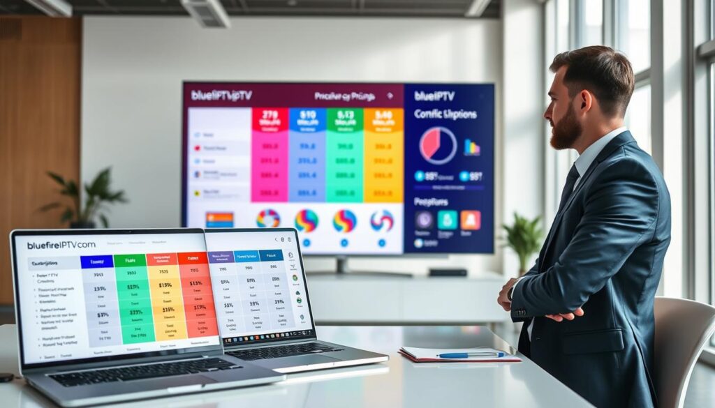 A modern, sleek workspace showcasing a detailed comparison of pricing and plans for leading IPTV services, including "bluefireiptv.com". In the foreground, a clean desktop with a laptop displaying a colorful infographic that highlights different subscription tiers and features. To the right, a professional individual in business attire, attentively analyzing the data on the screen, with a notepad and pen nearby. In the middle ground, a large screen displays charts and visuals of varying IPTV plans, featuring vibrant colors and clear icons symbolizing each service. The background features a bright, airy office environment with natural light streaming through large windows, creating a productive and sophisticated atmosphere. The overall mood is focused and informative, perfect for a professional analysis of IPTV offerings.