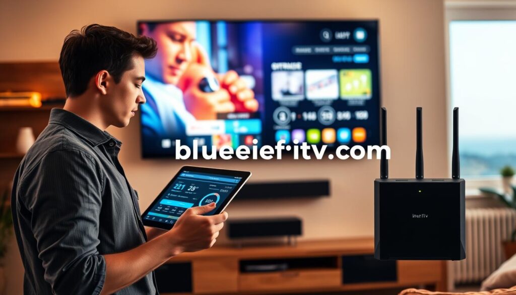 A modern, well-equipped living room with a large flat-screen TV mounted on the wall, displaying a vivid IPTV interface. In the foreground, a professional young adult, dressed in smart casual attire, holds a tablet, checking internet speed and stability metrics. The middle layer features a sleek modem and router setup, glowing with blue LED lights, representing high-speed internet connectivity essential for streaming. The background is filled with warm, ambient lighting, casting a cozy atmosphere, while a window shows clear blue skies outside, suggesting ideal streaming conditions. The overall mood is focused and informative, emphasizing the importance of reliable internet for a seamless viewing experience, with the brand name "bluefireiptv.com" subtly integrated into the IPTV interface.