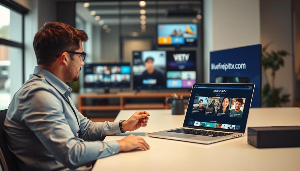A modern workspace featuring a professional evaluating IPTV player options. In the foreground, a focused individual dressed in smart casual attire sits at a sleek desk, examining multiple devices and software interfaces on a laptop. The middle layer includes a variety of IPTV player options displayed on different screens, showcasing diverse interfaces and features. In the background, a stylish office environment with soft, natural lighting creates a pleasant ambiance, enhancing the atmosphere of thoughtful analysis. A laptop screen displays the website "bluefireiptv.com" prominently, hinting at a comparison of features. The scene conveys a mood of diligence and informed decision-making, with soft bokeh effects in the background to emphasize focus on the subject matter.