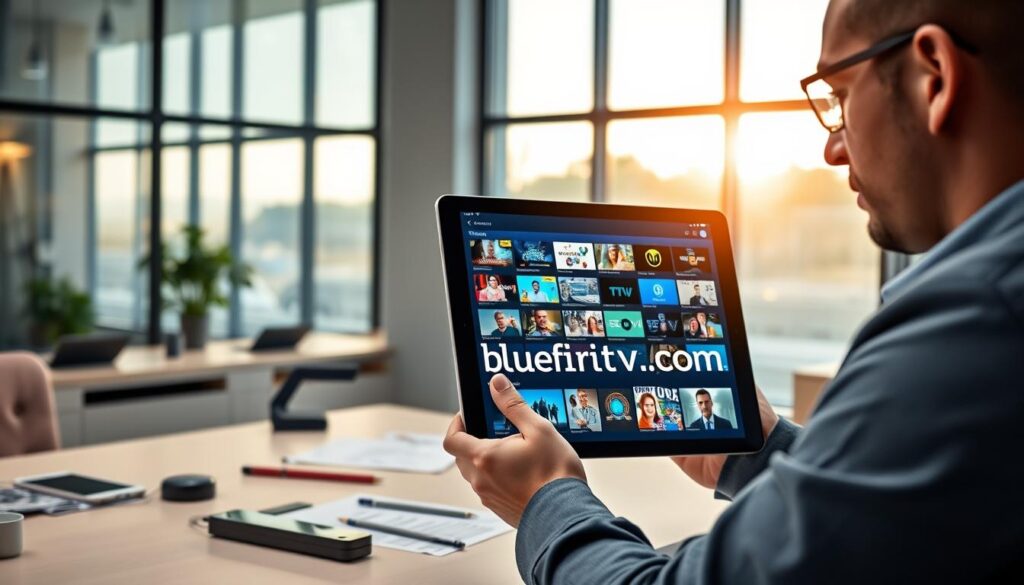 A modern workspace scene depicting a professional user engaged with an IPTV app on a high-resolution tablet, showcasing a vivid interface filled with various streaming options. The foreground features the user's focused expression, wearing smart casual attire, analyzing data on the screen. In the middle, a sleek desk adorned with tech gadgets and notes about user intent is present. The background features a large window with soft sunlight filtering in, casting a warm glow over the workspace. The atmosphere is one of concentration and reflection, symbolizing the importance of understanding user preferences for a top-quality viewing experience. The logo of "bluefireiptv.com" subtly displayed on the tablet. The image captures a sense of innovation and reliability in the IPTV domain.