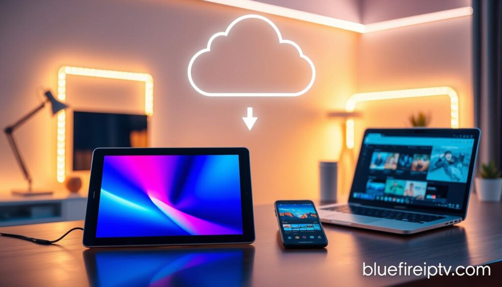 A modern workstation showcasing multi-device support for IPTV users. In the foreground, a sleek tablet displaying a vibrant IPTV app interface, with its screen reflecting bright colors. Beside it, a smartphone and a laptop are also open, all synced with the same content. The middle layer features a stylish cloud icon subtly hovering above the devices, signifying cloud sync functionality. In the background, a softly lit home office ambiance creates a tech-savvy atmosphere, with glowing LED strips and a minimalistic design. The overall color palette is warm and inviting, focusing on shades of blue and white. No people are present, allowing the tech to take center stage. Include a subtle branding element of "bluefireiptv.com" integrated into the design. A modern workstation showcasing multi-device support for IPTV users. In the foreground, a sleek tablet displaying a vibrant IPTV app interface, with its screen reflecting bright colors. Beside it, a smartphone and a laptop are also open, all synced with the same content. The middle layer features a stylish cloud icon subtly hovering above the devices, signifying cloud sync functionality. In the background, a softly lit home office ambiance creates a tech-savvy atmosphere, with glowing LED strips and a minimalistic design. The overall color palette is warm and inviting, focusing on shades of blue and white. No people are present, allowing the tech to take center stage. Include a subtle branding element of "bluefireiptv.com" integrated into the design.