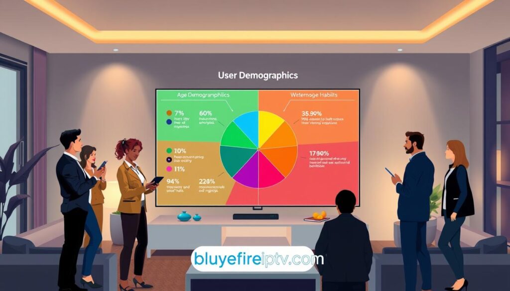 A professional and informative illustration depicting the user demographics overview for Layerseven IPTV. In the foreground, include diverse individuals representing various demographics, dressed in smart casual attire, discussing entertainment options such as streaming on devices like tablets and smart TVs. In the middle, present a visually engaging pie chart or infographic highlighting key demographic statistics, with vibrant colors and clear segmentation, showcasing age groups, preferences, and viewing habits. The background should feature a sleek, modern home setting with subtle ambient lighting, creating a warm and inviting atmosphere. The overall mood should be professional and analytical, ideal for conveying insights about the target audience of Layerseven IPTV. Ensure to incorporate the brand logo "bluefireiptv.com" seamlessly into the design without text overlays.