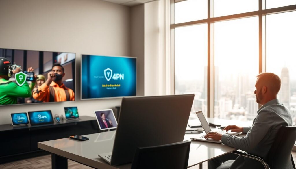 A professional and sleek office environment showcasing the concept of VPN usage in relation to 4K IPTV services. In the foreground, a well-dressed individual in smart casual attire sits at a modern desk, attentively working on a laptop displaying a secure VPN connection interface. The middle ground features various digital devices—smart TVs, tablets, and smartphones—highlighting their use with 4K streaming and VPN protection. The background shows a large window with a cityscape view, symbolizing connectivity and privacy. Soft natural lighting fills the room, creating a calm and focused atmosphere. The image reflects themes of security and trust, with subtle hints at the brand bluefireiptv.com integrated into the digital screens.