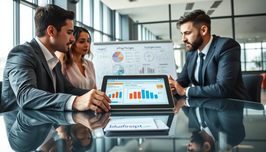 A professional business meeting scenario illustrating IPTV pricing insights. In the foreground, a diverse group of three professionals (two men and one woman) wearing business attire, are gathered around a sleek glass table, analyzing a digital tablet displaying IPTV price charts and user expectations data. In the middle, a whiteboard filled with colorful diagrams and notes about IPTV packages and customer preferences. The background features a modern office with large windows letting in natural light, creating an open and inviting atmosphere. The lens captures a slight tilt, emphasizing collaboration and discussion. The mood is focused and informative, hinting at the importance of understanding IPTV pricing dynamics. Incorporate subtle branding elements of "bluefireiptv.com" into the digital tablet screen and on a note in front of the professionals.
