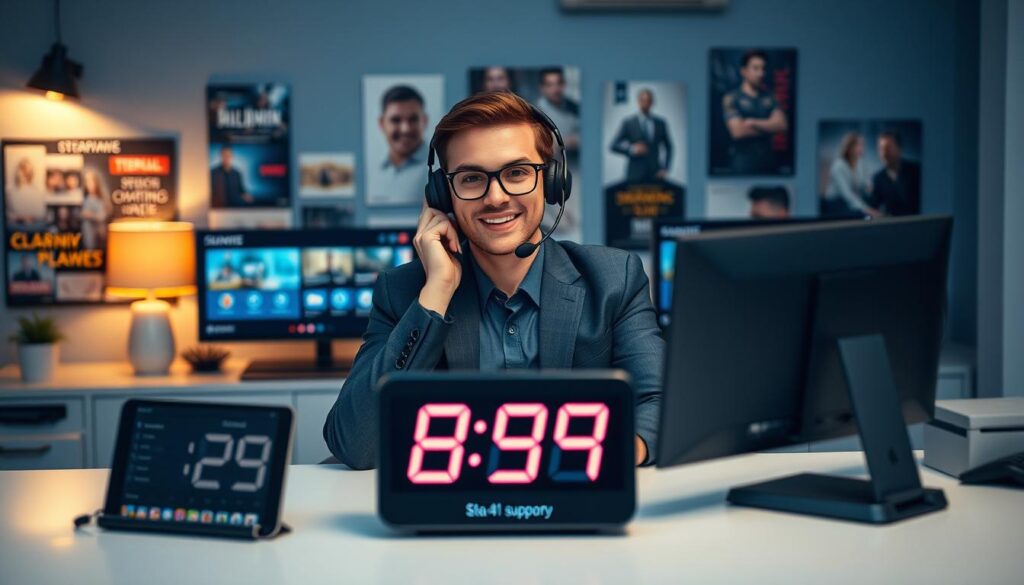 A professional customer support scene for a streaming service, featuring a friendly support agent in a headset, wearing a smart business outfit, seated at a sleek modern desk with dual monitors displaying streaming service interfaces. In the foreground, the agent is attentively answering a call. In the middle ground, a digital clock shows it's late at night, emphasizing 24/7 support availability. The background features a cozy and well-organized office space with posters of various streaming content. Soft, warm lighting creates an inviting atmosphere, with a slight lens blur to focus on the agent. This scene reflects a commitment to reliable customer support for bluefireiptv.com.