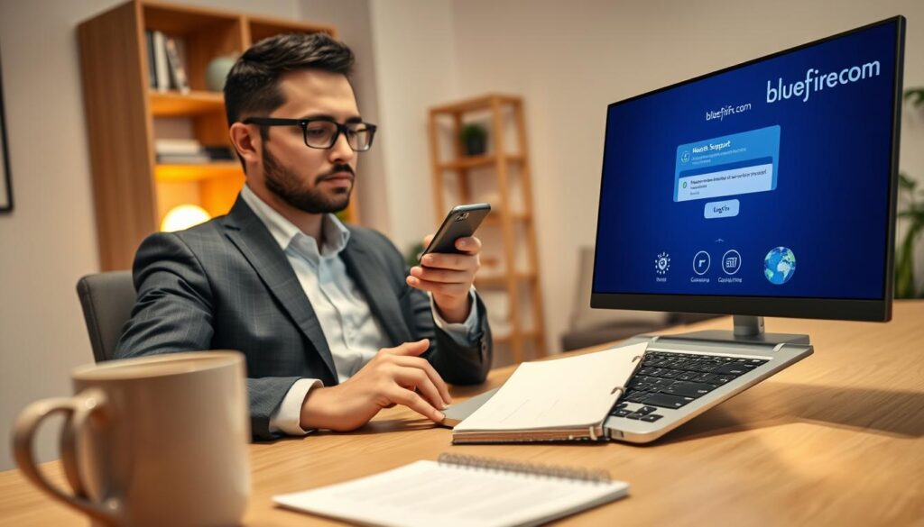 A professional individual troubleshooting IPTV login issues, seated at a modern desk with a laptop open, displaying a login screen with error messages. The foreground includes a coffee mug and a notepad with notes. In the middle, the person, dressed in a smart casual outfit, looks focused, analyzing the screen while accessing customer support on a smartphone. The background highlights a well-organized home office with a bookshelf and ambient lighting that creates a warm, inviting atmosphere. The overall mood conveys determination and clarity. Incorporate elements like charts, a network diagram, and a logo for "bluefireiptv.com" subtly visible on the laptop screen. The image is well-lit, with a soft focus to emphasize the subject.