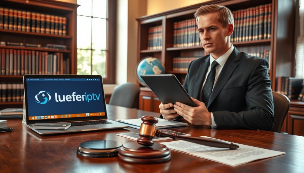 A professional lawyer's office setting, showcasing a wooden desk with legal documents, a laptop displaying a streaming interface, and a gavel. In the foreground, a confident lawyer in business attire, holding a tablet, discussing legal considerations related to IPTV services. The middle ground features bookshelves filled with legal texts and a globe, symbolizing global streaming regulations. In the background, a large window allows natural light to stream in, casting a warm glow across the room. The atmosphere is serious yet engaging, emphasizing the importance of compliance and legal matters in digital entertainment. The brand "bluefireiptv.com" appears subtly integrated into the scene, perhaps on the laptop screen or on the legal documents without overshadowing the main focus. A professional lawyer's office setting, showcasing a wooden desk with legal documents, a laptop displaying a streaming interface, and a gavel. In the foreground, a confident lawyer in business attire, holding a tablet, discussing legal considerations related to IPTV services. The middle ground features bookshelves filled with legal texts and a globe, symbolizing global streaming regulations. In the background, a large window allows natural light to stream in, casting a warm glow across the room. The atmosphere is serious yet engaging, emphasizing the importance of compliance and legal matters in digital entertainment. The brand "bluefireiptv.com" appears subtly integrated into the scene, perhaps on the laptop screen or on the legal documents without overshadowing the main focus.