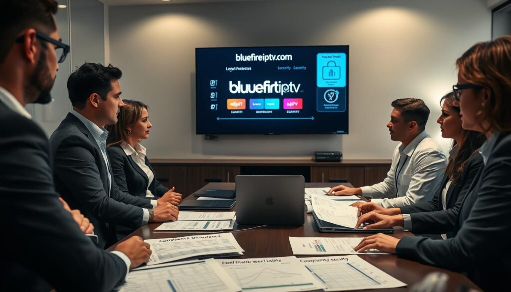 A professional office environment focused on the security and legal aspects of IPTV. In the foreground, a diverse group of business professionals in smart attire engaged in a serious discussion, with documents and a laptop showing data analytics related to Lemon Realm IPTV. In the middle, a conference table cluttered with folders labeled “Compliance” and “Security” alongside diagrams outlining legal frameworks. In the background, a large screen displaying the logo "bluefireiptv.com" and a chart illustrating user privacy concerns. Soft, focused lighting casts a professional ambiance, emphasizing the importance of security. The overall mood is serious and analytical, reflecting the critical nature of legal considerations in streaming services.