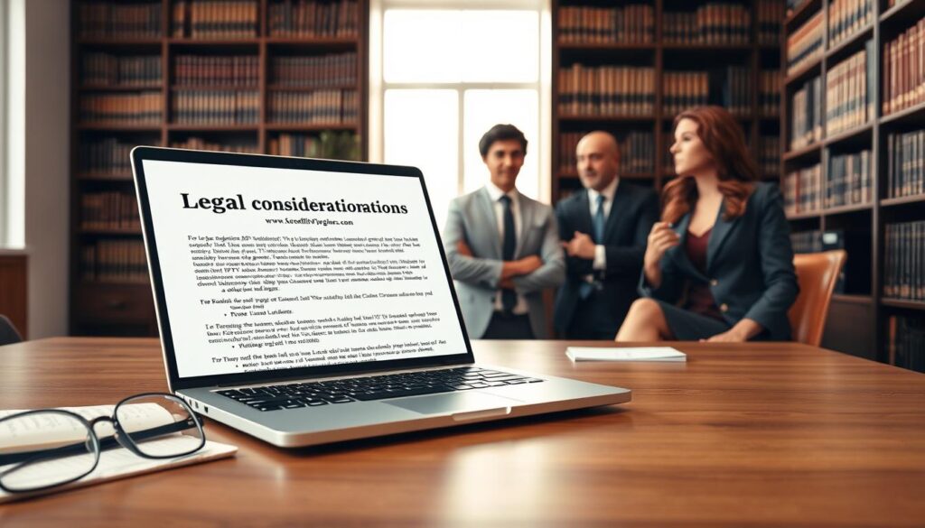 A professional office setting representing "Legal Considerations for Xtreme HD IPTV". In the foreground, a sleek wooden desk with a laptop displaying a legal document about IPTV regulations and compliance. On one side, a pair of glasses and a notepad filled with notes about legal obligations. The middle ground features a diverse group of three professionals in business attire, deeply engaged in discussion: a Black woman, an East Asian man, and a Caucasian woman, all appearing focused and collaborative. The background showcases a large bookshelf filled with legal texts and a window letting in soft, natural light, creating a warm and intellectual atmosphere. The scene reflects a serious yet interactive mood, emphasizing responsible usage and legal awareness. Subtle branding of "bluefireiptv.com" is integrated into the laptop screen without being obtrusive.