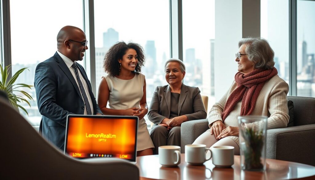 A professional office setting showcasing a diverse group of satisfied customers providing testimonials about Lemon Realm IPTV. In the foreground, three individuals, a middle-aged African-American man in a tailored suit, a young Hispanic woman in a stylish dress, and an older Caucasian woman in smart casual attire, are animatedly discussing their positive experiences, highlighting quality and reliability. In the middle ground, a sleek laptop displays the Lemon Realm IPTV interface glowing softly, while a cozy armchair and a coffee table with steaming mugs add warmth to the scene. The background features a large window revealing a vibrant cityscape under bright daylight, enhancing a feeling of connectivity and modernity. The atmosphere is professional yet inviting, emphasizing trust and satisfaction. Suitable lighting evokes a sense of optimism. Include branding subtly displayed on the laptop screen: "bluefireiptv.com".