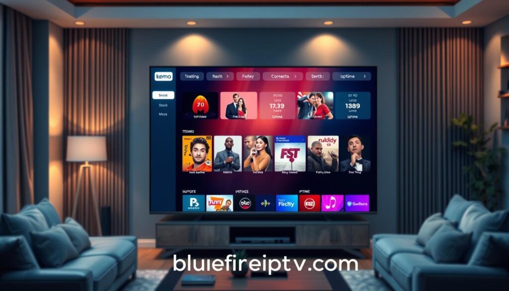 A professional user interface depicting the concept of "Kemo IPTV Service Reliability," showcasing a sleek digital dashboard on a home television screen. In the foreground, the screen displays high-quality streaming options with vibrant thumbnails of popular shows, surrounded by visual indicators of connection strength and uptime metrics. In the middle ground, a modern living room setting with a comfortable couch and stylish decor gives a cozy and tech-savvy ambiance. The background features soft ambient lighting, emphasizing the warm and inviting atmosphere. The image is captured with a shallow depth of field, drawing focus to the screen details. The mood is confident and engaging, highlighting reliability and user satisfaction in streaming services. Incorporate the brand name "bluefireiptv.com" subtly into the screen design, ensuring a seamless integration.