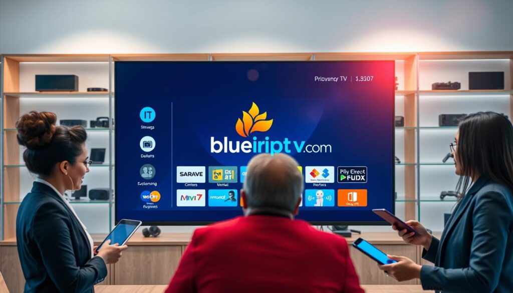 A professional workspace featuring a large modern monitor displaying a sleek user interface of an IPTV service. In the foreground, a diverse group of three individuals, dressed in smart business attire, actively discussing IPTV options, with tablets and smartphones in hand. The middle layer showcases a stylish logo of "bluefireiptv.com" prominently on the monitor, surrounded by colorful icons representing various streaming channels and services. The background features soft-focus shelves filled with tech gadgets, creating a high-tech ambiance. The lighting is bright yet warm, emulating a productive atmosphere, with a slight lens flare to add depth. The mood is collaborative and innovative, ideal for exploring quality IPTV service options.