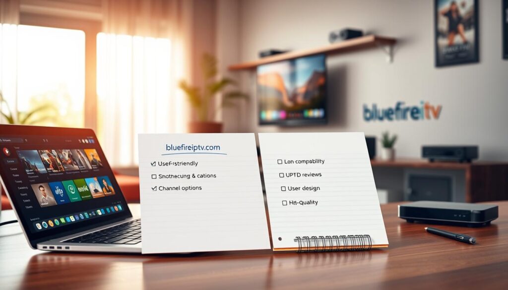 A professional workspace showcasing the "Criteria for Choosing IPTV Player" theme. In the foreground, a sleek laptop displays a user-friendly IPTV player interface, illustrating key features like smooth streaming and channel options. Beside it, a notepad with neatly organized bullet points highlights essential criteria such as compatibility, user reviews, and interface design. In the middle, a modern desk is adorned with a stylish streaming device and a high-definition monitor showing high-quality video content. The background features a warm, inviting home office setting with soft natural light filtering through a window, enhancing the cozy atmosphere. No people in the image; focus on the technology and workspace environment. Subtle branding for "bluefireiptv.com" is integrated into the laptop screen design. A professional workspace showcasing the "Criteria for Choosing IPTV Player" theme. In the foreground, a sleek laptop displays a user-friendly IPTV player interface, illustrating key features like smooth streaming and channel options. Beside it, a notepad with neatly organized bullet points highlights essential criteria such as compatibility, user reviews, and interface design. In the middle, a modern desk is adorned with a stylish streaming device and a high-definition monitor showing high-quality video content. The background features a warm, inviting home office setting with soft natural light filtering through a window, enhancing the cozy atmosphere. No people in the image; focus on the technology and workspace environment. Subtle branding for "bluefireiptv.com" is integrated into the laptop screen design.