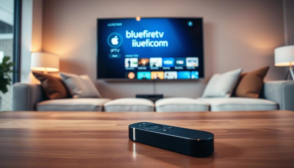 A sleek Apple TV setup in a modern living room, showcasing the "bluefireiptv.com" interface on the screen. In the foreground, there’s a stylish remote control resting on a wooden coffee table, with a subtle reflection from the room's bright lights. In the middle of the image, the Apple TV is elegantly mounted on the wall, displaying colorful IPTV streaming thumbnails. The background features a cozy sofa adorned with plush cushions, and warm ambient lighting creates an inviting atmosphere. The scene captures a sense of comfort and modern technology, ideal for enjoying IPTV content. The angle is slightly angled down to emphasize the TV screen and remote, conveying a feeling of accessibility and ease of use.